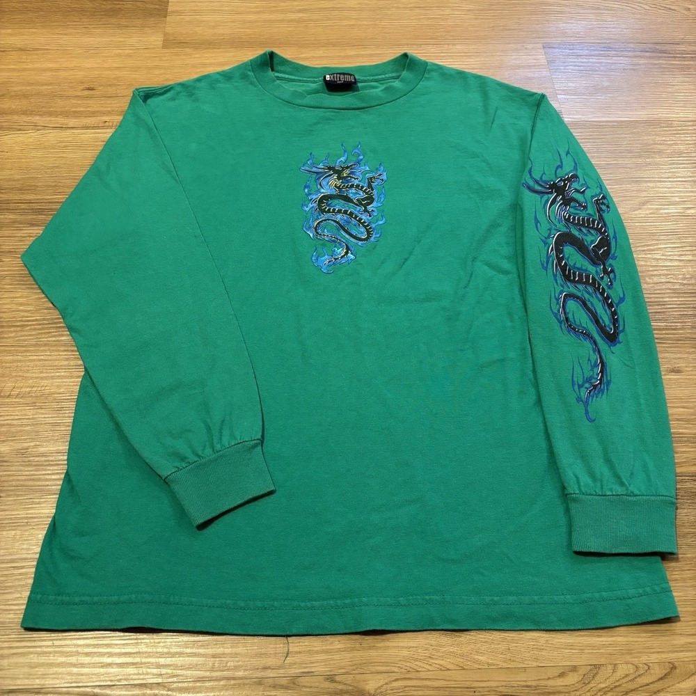 Extreme Limit Long Sleeve Tee Size Small Dragon Tribal Graphic Green Y2K Skater